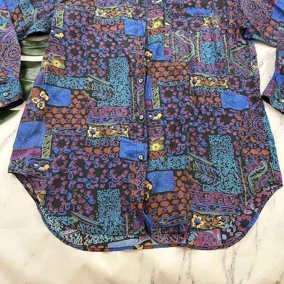 Punch Womens Vintage 90s Silk Oversize Shirt Size M Purple Blue Abstract Floral - Picture 5 of 11
